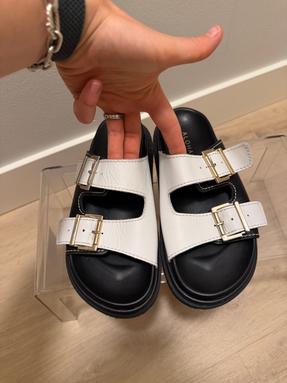 ALOHAS White Leather Double-Buckle Slide Sandals with Gold Hardware